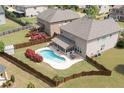 Aerial view of private backyard featuring a swimming pool, patio, and lush landscaping in a fenced yard at 4360 Carver Ct, Cumming, GA 30040
