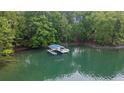 An aerial view of a covered boat dock on the lake, surrounded by green trees at 7830 Kings Point Dr, Cumming, GA 30041