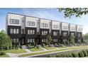 Contemporary townhomes showcase a black facade, dark trim, and manicured front yards, creating a sleek look at 673 Soul Aly # 146, Alpharetta, GA 30009
