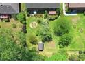 Aerial view of backyard showcasing mature trees, landscaping and detached shed at 4360 Pleasant Forest Dr, Decatur, GA 30034