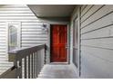 Close-up of the front door, accented by a modern light fixture and gray siding at 223 Tuxworth Cir, Decatur, GA 30033