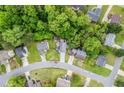Aerial view of the property highlighting the surrounding neighborhood, mature trees, and community streets at 1029 Megan Ct, Sugar Hill, GA 30518