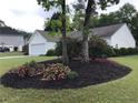 Landscaped front yard with colorful flowers and mature trees at 431 Crested View Dr, Loganville, GA 30052