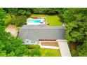 Expansive aerial view of home, showcasing pool, manicured lawn, mature trees, and traditional architectural style at 1662 Rainier Falls Ne Dr, Atlanta, GA 30329