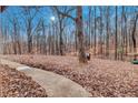 Large, tree-filled backyard with a walking path on a sunny day at 4220 Chapel Hill Farms Dr, Douglasville, GA 30135