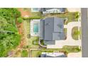 Aerial view of a property showcasing the backyard pool, landscaping, outdoor seating, and overall layout of the home at 107 Owens Mill Place, Canton, GA 30115
