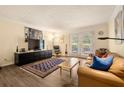 Comfortable living room featuring a brown leather couch, stylish rug, and sliding glass doors to the outside at 3472 Essex Ave # 81, Atlanta, GA 30339