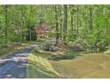 Picturesque view of the pond, leading to a charming home nestled amongst the trees at 337 Andrew Bailey Rd, Sharpsburg, GA 30277