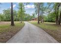 Long concrete driveway leading to the charming home surrounded by mature trees at 3881 Moore Rd, Ellenwood, GA 30294