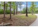The house in seen in the distance as it sits on a large lot surrounded by mature trees at 3881 Moore Rd, Ellenwood, GA 30294