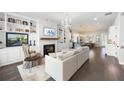 Open-concept living room featuring a fireplace, built-in shelving, and seamless flow into the modern kitchen and dining area at 217 Napa Dr, Woodstock, GA 30188