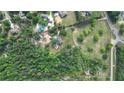 Aerial view of the property boundaries with a house, workshop, mature trees, and a large grassy field at 2100 Highway 138 E E, Stockbridge, GA 30281