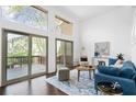 Bright living room features high ceilings, large windows, and sliding door to deck at 1127 Riverbend Club Se Dr, Atlanta, GA 30339