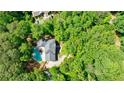 Aerial view of property showcasing lush greenery and private backyard pool at 1348 Timberland Se Dr, Marietta, GA 30067
