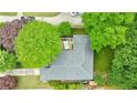 Top-down aerial shot reveals lush greenery surrounding a home with a stone patio and an umbrella at 2298 Pembrook Pl, Atlanta, GA 30324