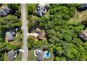 An aerial view of the house surrounded by lush greenery, pool, and neighborhood at 7401 Cherry Blossom Way, Winston, GA 30187
