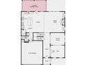 Layout of the first floor includes 2 car garage, kitchen, great room, dining, flex room, and half bath at 3198 Shirecrest Ln, Dacula, GA 30019