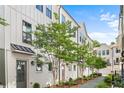 Stunning exterior view of white-painted townhomes with black trim and landscaped walking path at 4462 Dandelion Ln, Atlanta, GA 30342