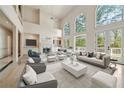 Bright living room with soaring ceilings, large windows, and a cozy fireplace at 5360 Northwater Way, Duluth, GA 30097