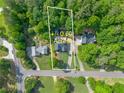 Aerial view of property showing +/- 0.60 acres, surrounded by lush trees and neighborhood at 103 Caracas Dr, Woodstock, GA 30188