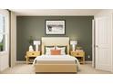 Stylish bedroom with olive green walls, neutral bedding, decorative pillows, and modern bedside tables at 2489 Cotton Ln, Douglasville, GA 30135