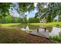 Picturesque view of the backyard pond with a dock and mature trees, creating a serene setting at 18 Starlight Dr, Cartersville, GA 30121