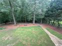 View of a lush backyard featuring mature trees, a stone pathway, and ample space for outdoor activities and relaxation at 6725 Grove Meadows Ln, Cumming, GA 30028