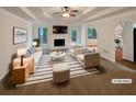 Staged living room with white fireplace, plush seating, and tray ceiling detail at 3458 Natalie Ct, Loganville, GA 30052