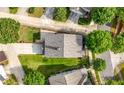 Birds eye view of home with gray shingled roof, green lawn, concrete drive, and mature trees at 3826 Baxley Village Trl, Suwanee, GA 30024
