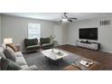 Staged living room featuring new paint, stylish ceiling fan, and beautiful wood-look floors at 1808 Arkose Se Dr, Atlanta, GA 30316