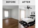 This bedroom features updated flooring, fresh paint, modern furniture, and contemporary decor at 4 Kelso At Peyton Sw Dr, Atlanta, GA 30311