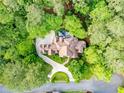 A bird's eye view shows a sprawling home surrounded by lush trees and a long driveway at 3905 Merriweather Woods, Johns Creek, GA 30022