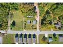 Aerial view of a .31 acre lot nestled among trees and surrounding neighborhood streets at 21 Elm St, Hampton, GA 30228