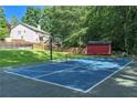 Backyard basketball court with a net, basketball, storage building, and green surroundings at 329 Kyles Cir, Hiram, GA 30141