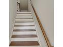 Bright staircase with hardwood treads, white risers, and a classic wooden handrail at 1300 Hopkins Dr, Decatur, GA 30033