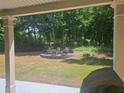 Relaxing backyard with a stone firepit, surrounded by mature trees and landscaping at 124 Archstone Sq, Mcdonough, GA 30253