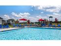 Community pool with a view of the play area and several lounge chairs and umbrellas at 613 Lobelia Way, Locust Grove, GA 30248
