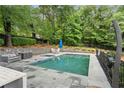 Backyard featuring a pristine in-ground swimming pool surrounded by a stone patio and lush landscaping at 10630 N Edgewater Pl, Johns Creek, GA 30097