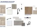 A design selection board showing cabinet, faucet, paint, and flooring samples at 1049 Pine Bark Lane, Canton, GA 30114