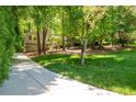 Landscaped front yard with lush green grass and a long driveway leading to the house at 148 Bramble Oak Dr, Woodstock, GA 30188
