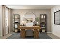 Bright home office featuring a modern desk, stylish decor, and ample shelving for storage and display at 2464 Cotton Ln, Douglasville, GA 30135