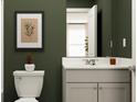Stylish bathroom boasting a gray vanity, framed art, and olive green walls, creating a cozy and modern ambiance at 2322 Treaty Ln, Douglasville, GA 30135