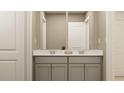 Elegant bathroom with a double vanity featuring gray cabinets, white countertops, and a large mirror, offering ample space at 2322 Treaty Ln, Douglasville, GA 30135