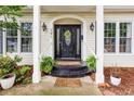 Close-up of front entrance featuring a decorative door with sidelights and potted plants at 791 E Main Street, Canton, GA 30114