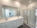 Modern bathroom featuring double sinks, a large mirror, and a glass-enclosed shower at 741 Cordele Ln, Sugar Hill, GA 30518