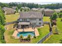 Aerial view of a home featuring a fenced yard, patio, covered porch, and in-ground pool at 776 Amos Ln, Kennesaw, GA 30152