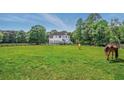 Expansive backyard with horses grazing on the green pasture, surrounded by a wooden fence at 471 Henderson Lake Dr, Canton, GA 30115