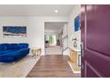 Open foyer area leading to living room with hardwood floors and blue sofa at 1049 Climbing Rose Way, Mcdonough, GA 30253