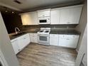 Modern kitchen featuring white cabinets, granite countertops, stainless steel appliances, and wood-look floors at 351 Oak Harbor Trl, Marietta, GA 30066