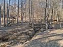 A small stream and wooden bridge enhance the charm of the wooded backyard at 735 Amberton Close, Suwanee, GA 30024